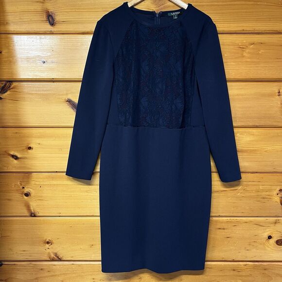 Ralph Lauren Navy Blue Long Sleeve Dress with Lace Front Panel Size 16 - Picture 1 of 4